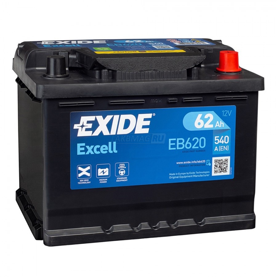 Аккумулятор автомобильный EXIDE Excell 62R EB620 540 А обр. пол. 62 Ач